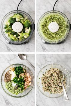 four images showing the steps in how to make broccoli salad