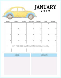 a calendar with a yellow car on it