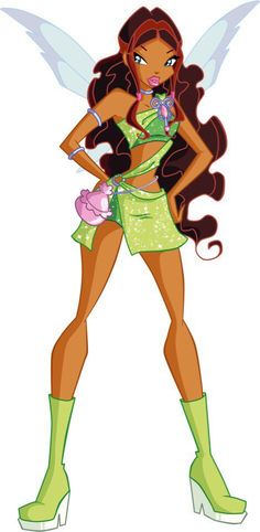 a cartoon character dressed as a fairy with long brown hair and green boots, holding a flower