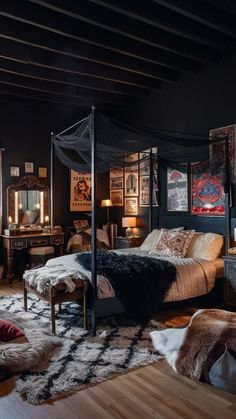 the bedroom is decorated in black and brown tones