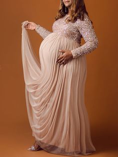 Momyknows Sequin Tulle Splicing Long Sleeve Party Gown Photoshoot Maternity Baby Shower Maxi Dress Maternity Ball Gowns, Gown Photoshoot, Baby Shower Gown, Maternity Sundress, Photoshoot Maternity, Shower Outfits, Maternity Nursing Dress, Maternity Midi Dress