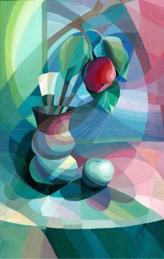 an abstract painting of flowers and fruit in a vase on a colorful background with swirls