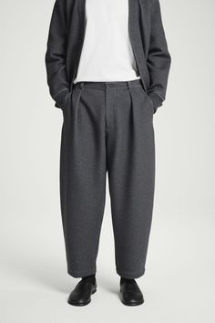 SCUBA-JERSEY BARREL-LEG TROUSERS - GREY - COS Modern Loungewear Bottoms With Pockets, Modern Loungewear Pants With Pockets, Casual Cotton Pants With Belted Cuffs, Casual Tapered Leg Bottoms With Belted Cuffs, Casual Ankle-length Pants With Belted Cuffs, Classic Loungewear, Trouser Men, Matching Sweatshirts, Vest Shirt