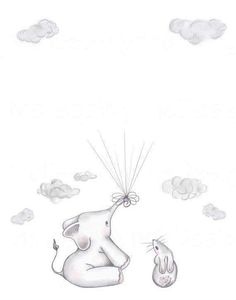 an elephant is holding onto a balloon with a bunny in it's lap, while another rabbit holds on to the string