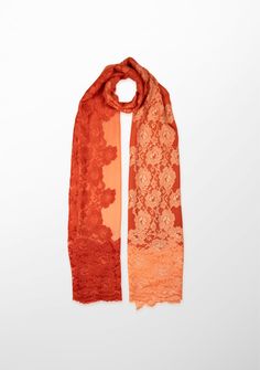 Wrap yourself in luxury with this brick ombre scarf woven from a fine blend of wool and silk. This exquisite accessory seamlessly blends elegance and warmth, featuring a stunning intricately handcrafted floral lace application in a dual-colored brick ombre effect that transitions gracefully between hues. The curated color palette adds depth, making it a versatile piece for any occasion. The delicate lacework adds femininity and timeless charm. Whether draped over your shoulders or artfully tied, Elegant Lace Shawl Scarves, Ombre Scarf, Ombre Effect, Silk Scarf, Floral Lace, Color Palette, Unique Designs, Silk, Wool