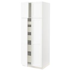 a tall white cabinet with two doors on the front and one door open to reveal shelves