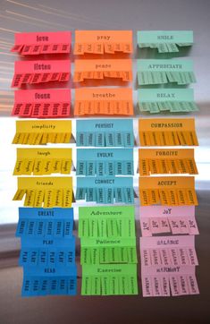 colorful sticky notes with words written on them in different colors and sizes, arranged into the shape of rectangles