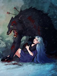 a woman laying on the ground next to a large black bear with green eyes and long white hair