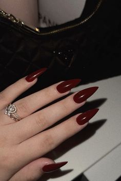 Dark Red Stilletos Nails, Black Cherry Nails Acrylic, Sharp Nails Ideas, Red Stilletos Nails, Dark Feminine Nails, Cherry Red Nail, Black Cherry Nails, Nails Cherry, Burgundy Acrylic Nails