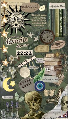 the collage has many different things on it, including a skull and other items