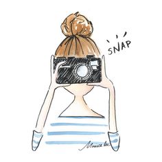 a drawing of a woman holding a camera up to her face with the words snap on it