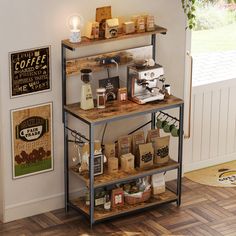 a coffee shop display with various types of items on the shelves and in front of it