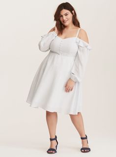 Plus Size Blue White Striped Cold Shoulder Challis Dress, ROSEY USA, alternate Plus Size Cold Shoulder Dress, White Sun Dress Plus Size, Casual White Off-shoulder Dress, Plus Size Sun Dress White, White Off The Shoulder Top Plus Size, Challis Dress, White Off Shoulder Dress, Challis Fabric, Torrid Dresses