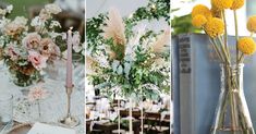 three different pictures with flowers in vases, candles and menu cards on the table