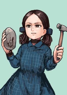 a drawing of a girl holding a hammer and a rock