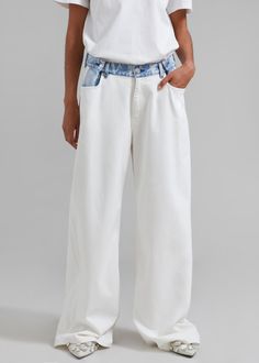 Color: Off White/Blue Midweight cotton blend denim Relaxed fit Wide leg High rise Contrast denim waist detailing Adjustable button waistband Slant hip pockets Back patch pockets Zip fly Front button closure Unlined 99% Cotton 1% Elastane Machine Wash Cold Imported