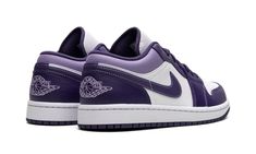 The Air Jordan 1 Low "Sky J Purple" is a colorway of the low-top retro basketball shoe with purple detailing.  The colorway has a white leather construction with what Jordan Brand calls Sky J Purple leather overlays and Swoosh branding.  A lighter shade of purple appears on the collar.  A classic “Wings” logo is embroidered on the heel while a purple Jumpman is found on the tongue.  The shoe’s two-tone white-and-purple look continues underfoot with a white rubber midsole and purple rubber outsole.  Release date: July 20, 2023 Jordan 1 Low Purple, Jordan 1 Low Outfit, Fye Shoes, Air Jordan Low, Iconic Shoes, Sneakers Box, Kobe Shoes, Retro Basketball Shoes, Retro Basketball