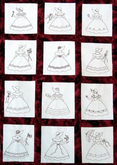 nine handmade paper dolls are arranged in squares