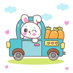 a cartoon bunny driving a truck filled with carrots