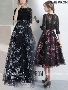 Buy black lace tea length homecoming dress with floral prints id#S1413 at SheProm. SheProm.com is an online store with thousands of formal dresses. Shop 100% authentic prom dresses with free standard shipping. Tea Length Homecoming Dresses, Dress With Lace Sleeves, Cheap Homecoming Dresses, Homecoming Dresses Long, Dresses Cheap, Formal Party Dress, Dress With Lace