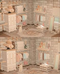 two pictures of the inside of a dollhouse with clothes and toys on shelves in it