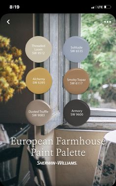 the european farmhouse paint palette is shown in shades of brown, yellow, and blue