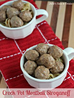 two white bowls filled with meatballs sitting on top of a red table cloth next to each other