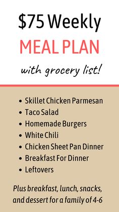 the meal plan with grocery list for $ 75 is shown in red, white and blue