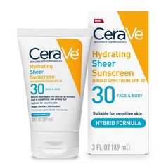 Developed with dermatologists, CeraVe's Hydrating Sheer Sunscreen Broad Spectrum SPF 30’s hybrid formula combines mineral and chemical sun filters to help effectively reflect and absorb the sun's damaging rays. This sunscreen lotion's formula blends Zinc Oxide with chemical sun filters, combining sun protection with the benefits of a mineral sunscreen and the cosmetic elegance often found in chemical sunscreens.  This multi-benefit waterproof sunscreen helps protect you from the sun's harmful ra Best Drugstore Sunscreen, Waterproof Sunscreen, Chemical Sunscreen, Skin Medica, Body Sunscreen, Sunscreen Lotion, Zinc Oxide, Face Lotion, Mineral Sunscreen