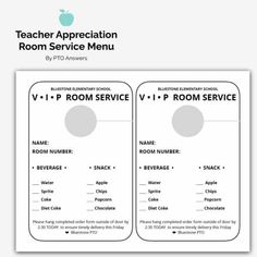 the teacher appreciation room service menu is shown in black and white, with an apple logo on