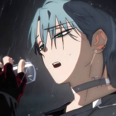 an anime character with blue hair and green eyes holding a wine glass in his hand