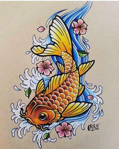 a drawing of a goldfish with flowers on it