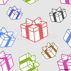 colorful gift boxes with bows and ribbons on a gray background seamless wallpaper pattern