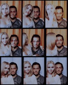 many different pictures of people posing together for a photo booth with one woman and the other man