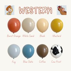 several different balloons with the names of them in english and spanish, including cow, orange, white sand, blue state, cow print