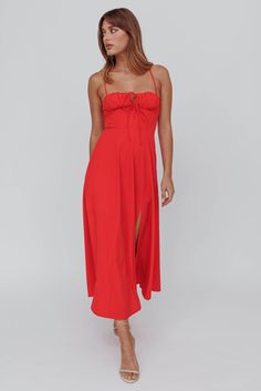 Euro Summer Split Hem Midi Dress Red by Selfie Leslie Fitted Red Sundress Maxi Dress, Red Sun Dress, Playful Red Vacation Dress, Red Summer Dress, Red Spaghetti Strap Beach Maxi Dress, Red Summer Beach Slip Dress, Chic Red V-neck Sundress, Red Sundress, Red Summer Dresses