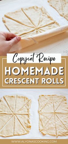 homemade crescent rolls with text overlay that reads copycat recipe homemade crescent rolls on parchment paper