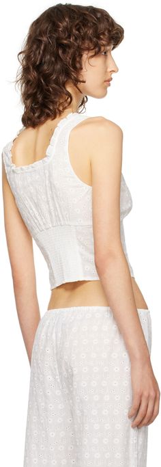 Semi-sheer cotton broderie anglaise camisole. · Ruffles at V-neck · Hook-eye closure · Smocking at back Supplier color: White White Bikinis, Frankies Bikinis, Spring Recipes, White Tea, Hook Eye, Summer Collection, Smocking, Ruffles, Color White