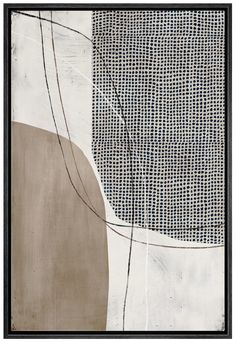 an abstract painting with lines and shapes in grey, white, and beige colors on a black frame