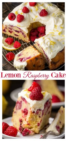 lemon raspberry bundt cake with white frosting and fresh raspberries on top