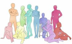 a group of people standing and sitting next to each other, all in different colors