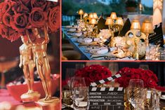 the table is set up with red roses and gold candles, an oscar statue, and wine glasses