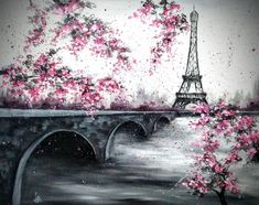 a painting of the eiffel tower in paris with pink flowers on it's branches