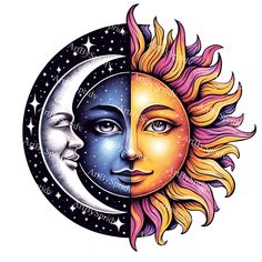 the sun and moon face with stars on it's forehead, as if they were painted in different colors