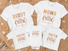 three matching shirts with the words'daddy, mama, and little miss on them