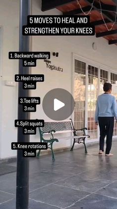 a woman walking down a sidewalk next to a bench with instructions on how to walk