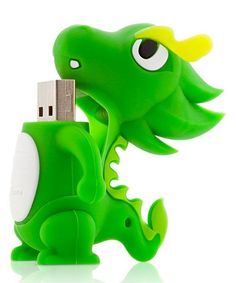 a green dinosaur shaped usb device with a flash drive attached to it's side