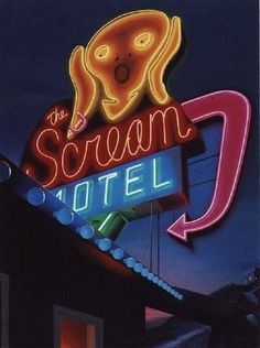 the scream hotel sign is lit up at night with an arrow pointing to it's left