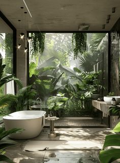 a large bathroom with plants in it