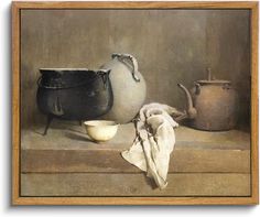 an oil painting of pots and pans on a ledge with a cloth draped over it